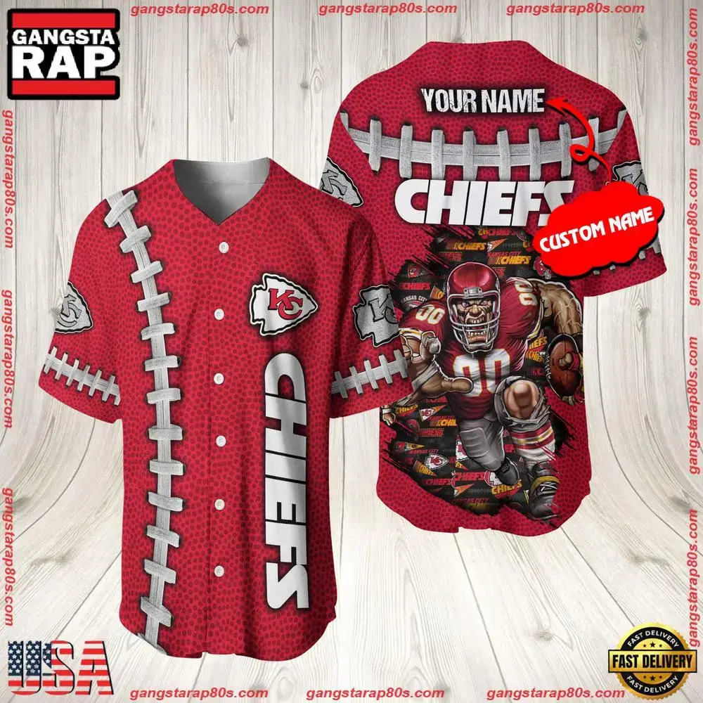NFL Custom Name Kansas City Chiefs Mascot Baseball Jersey Shirt Image