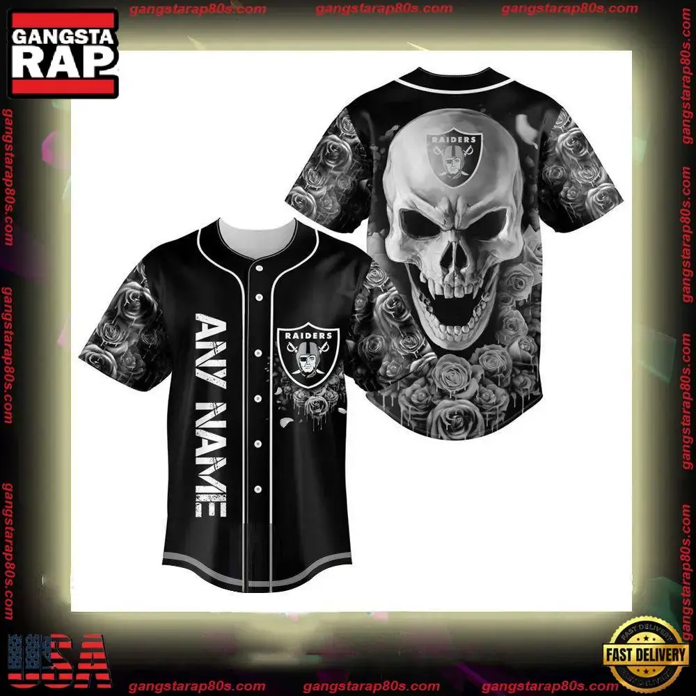 NFL Custom Name Las Vegas Raiders Football Skull Baseball Jersey Shirt Image