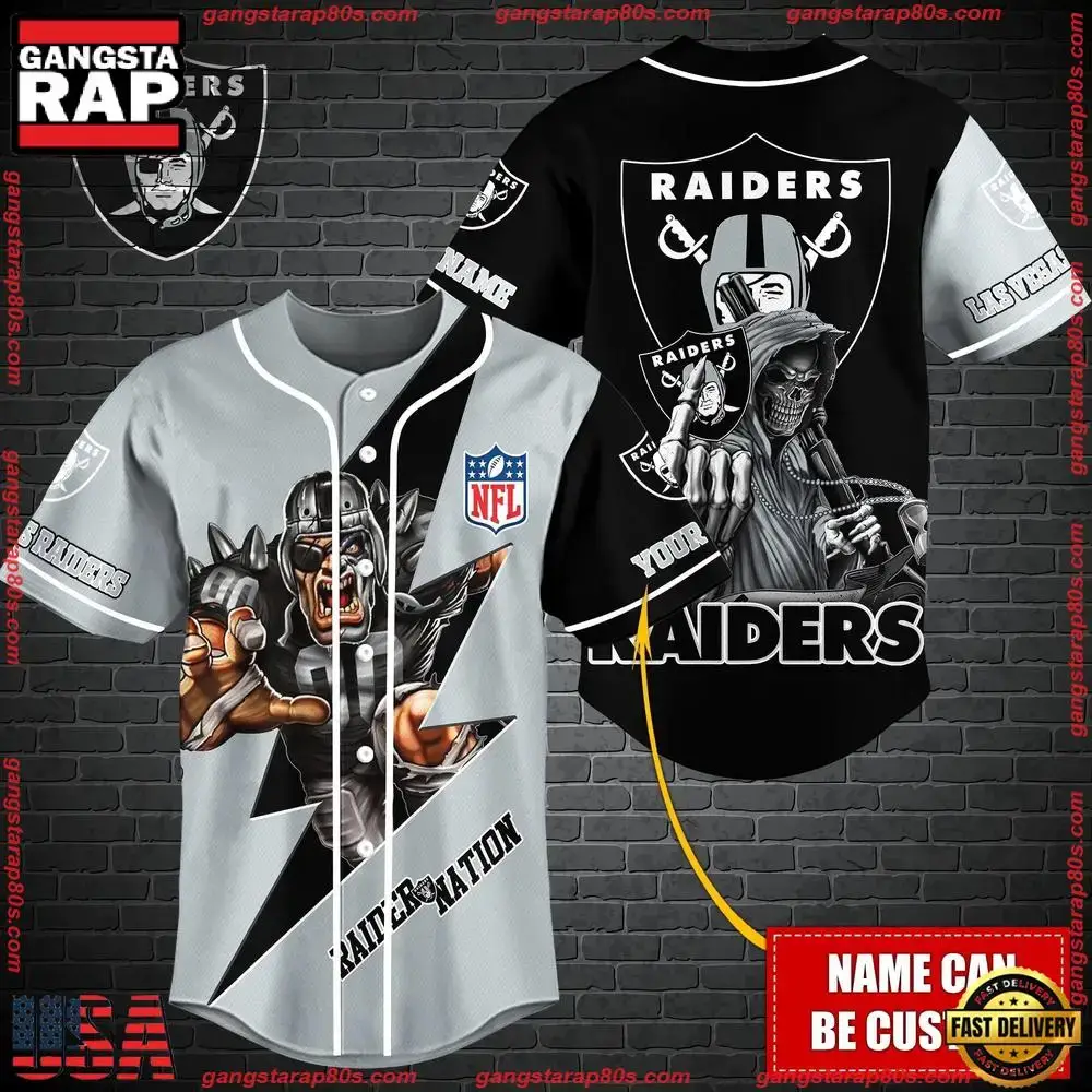 NFL Custom Name Las Vegas Raiders Mascot And Skull New Design Baseball Jersey Image