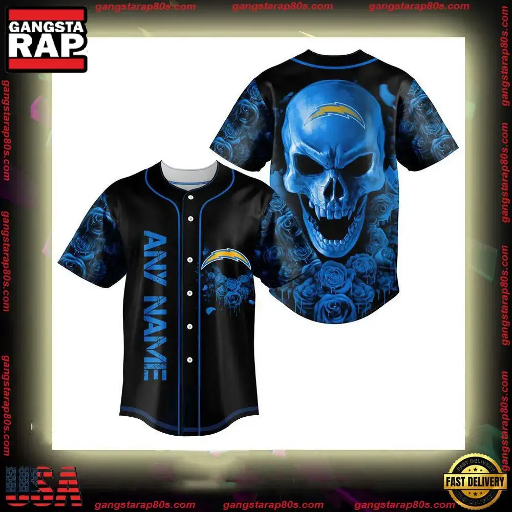 NFL Custom Name Los Angeles Chargers Football Skull Baseball Jersey Shirt Image