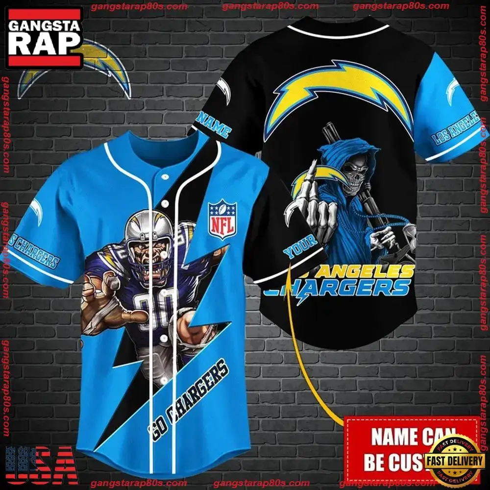 NFL Custom Name Los Angeles Chargers Mascot And Skull New Design Baseball Jersey Image