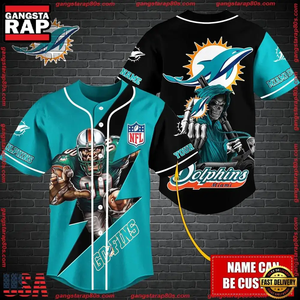 NFL Custom Name Miami Dolphins Mascot And Skull New Design Baseball Jersey Image