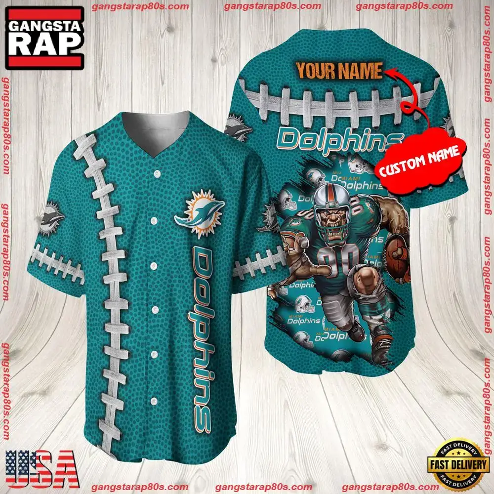 NFL Custom Name Miami Dolphins Mascot Baseball Jersey Shirt Image