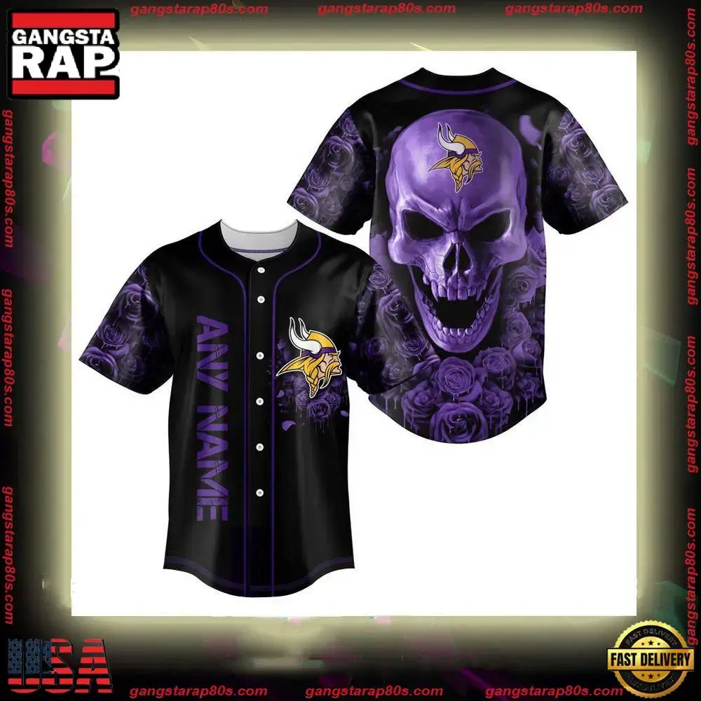 NFL Custom Name Minnesota Vikings Football Skull Baseball Jersey Shirt Image
