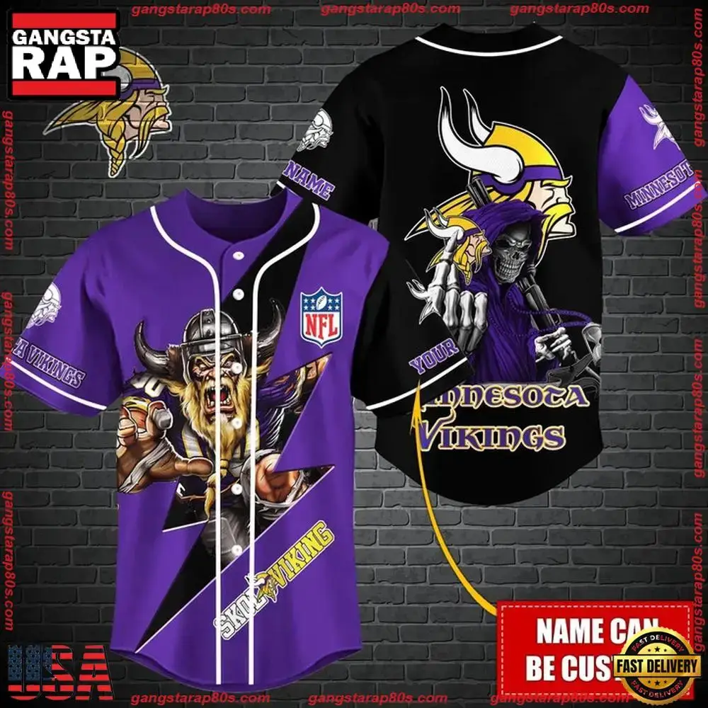 NFL Custom Name Minnesota Vikings Mascot And Skull New Design Baseball Jersey Image