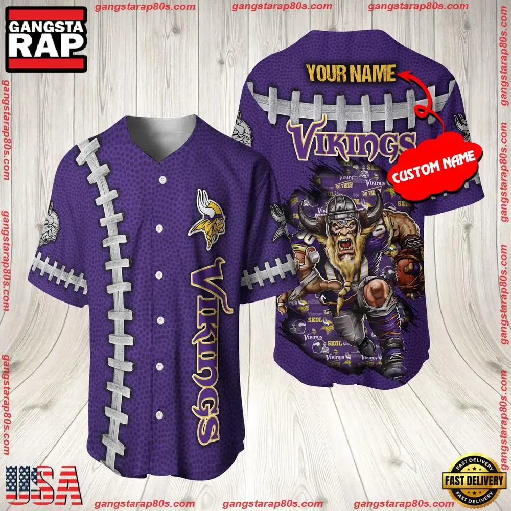 NFL Custom Name Minnesota Vikings Mascot Baseball Jersey Shirt Image