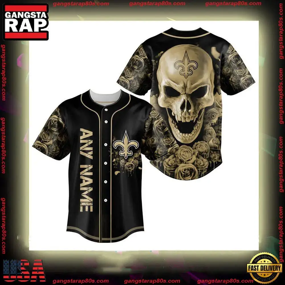 NFL Custom Name New Orleans Saints Football Skull Baseball Jersey Shirt Image