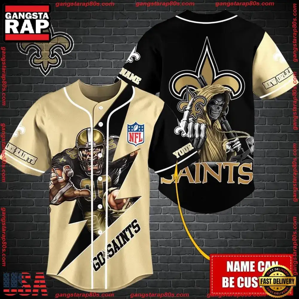 NFL Custom Name New Orleans Saints Mascot And Skull New Design Baseball Jersey Image