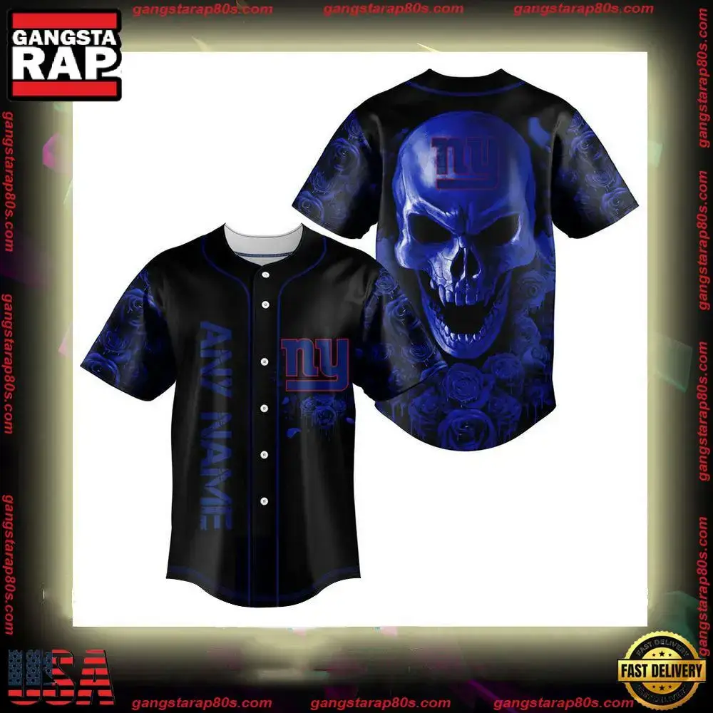 NFL Custom Name New York Giants Football Skull Baseball Jersey Shirt Image