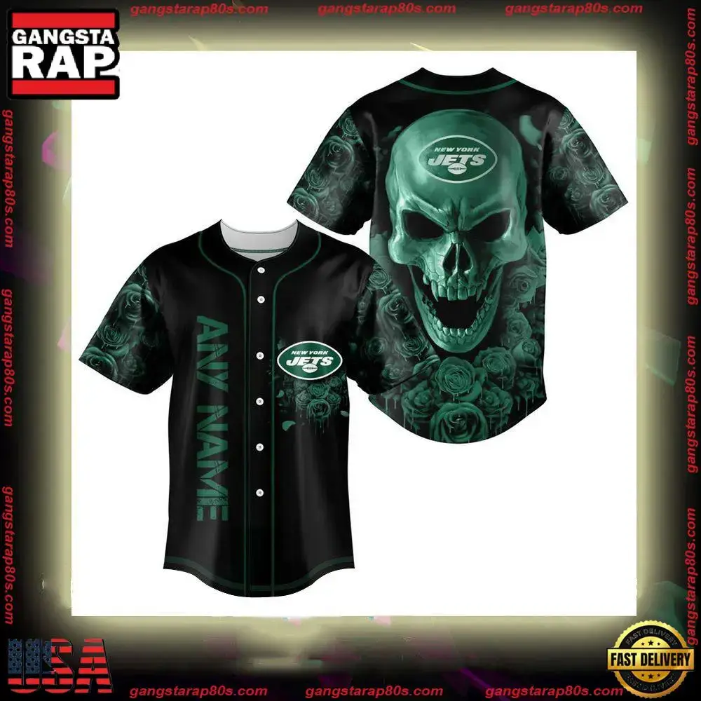 NFL Custom Name New York Jets Football Skull Baseball Jersey Shirt Image