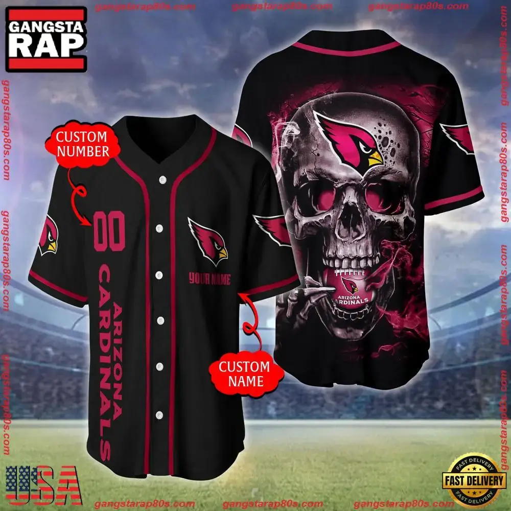 NFL Custom Name Number Arizona Cardinals Skull Face Baseball Jersey Shirt Image