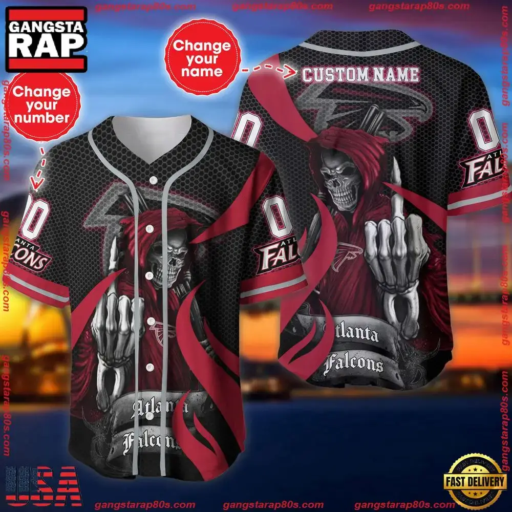 NFL Custom Name Number Atlanta Falcons Skull Death Baseball Jersey Shirt Image