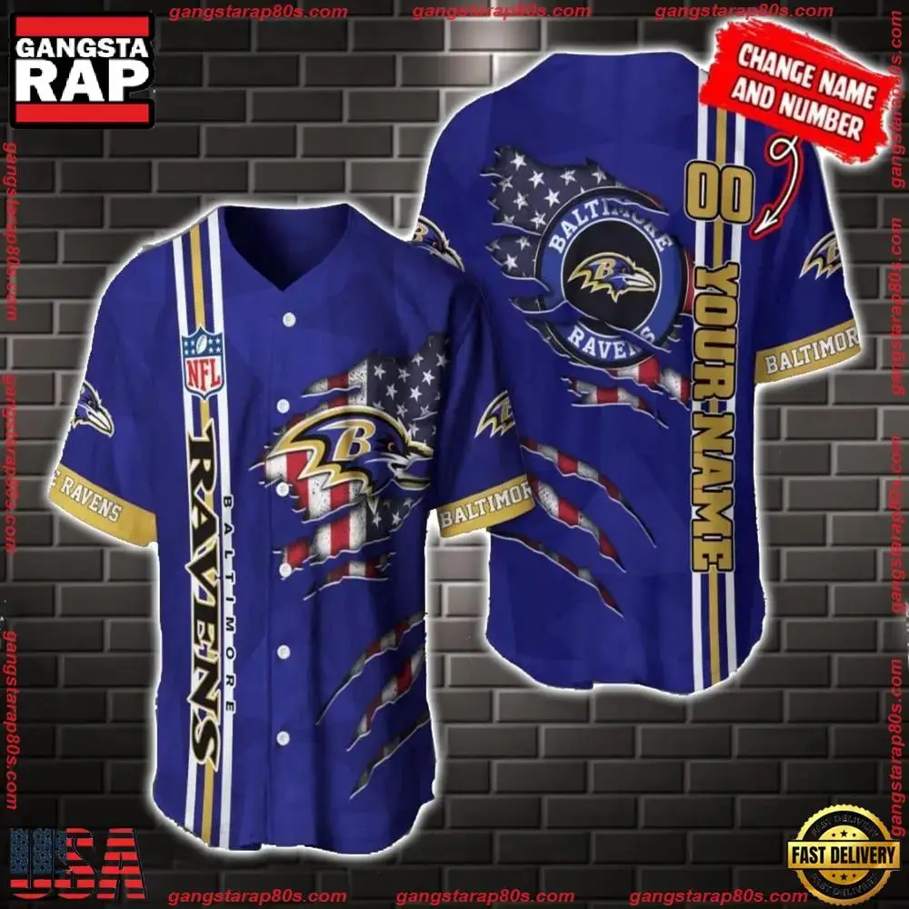 NFL Custom Name Number Baltimore Ravens America Flag New Design Baseball Jersey Shirt Gift For Fans Image