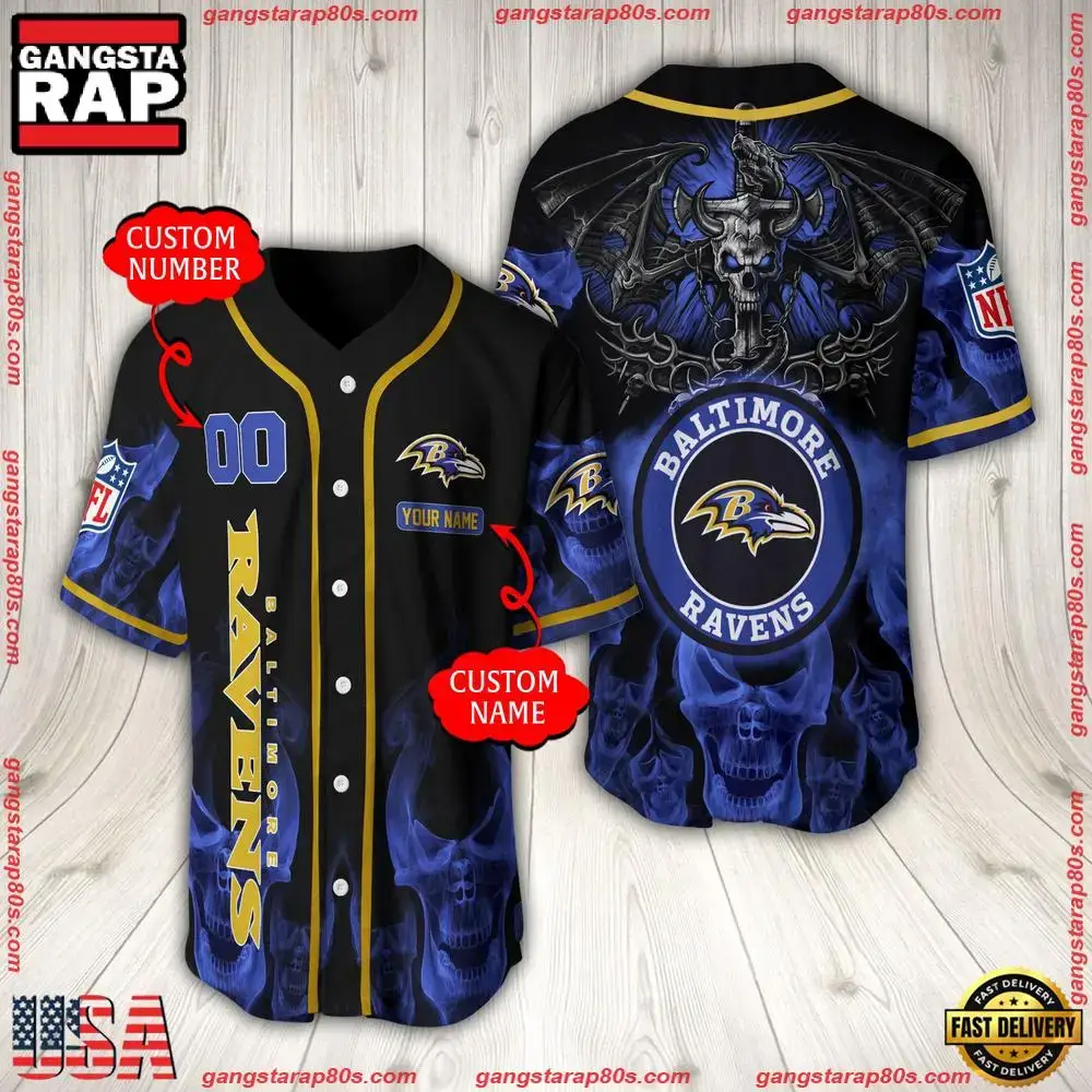 NFL Custom Name Number Baltimore Ravens Baseball Jersey Image