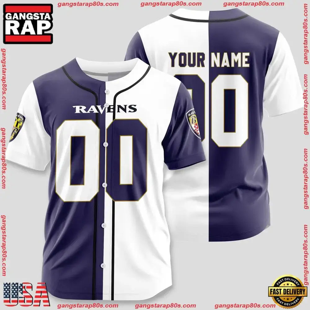 NFL Custom Name Number Baltimore Ravens Design Baseball Jersey Shirt Image