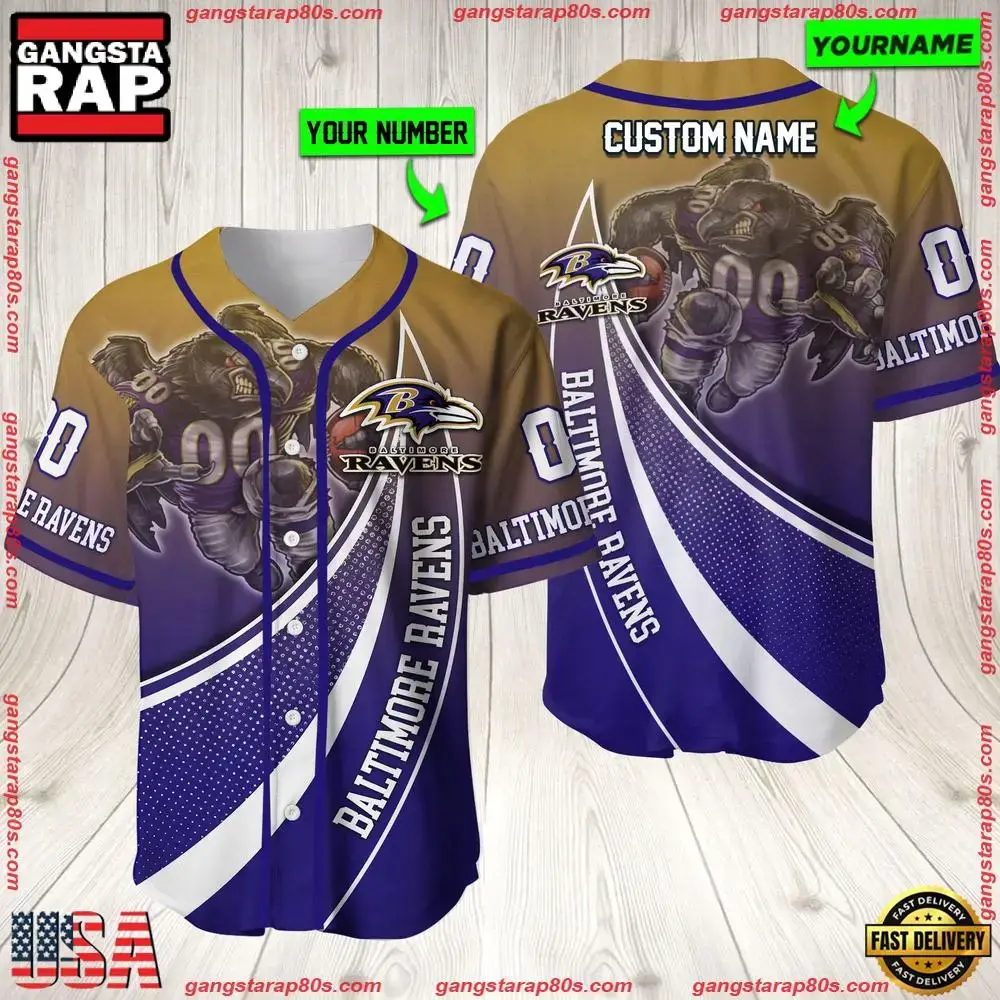 NFL Custom Name Number Baltimore Ravens Mascot Football New Design Baseball Jersey Shirt Image