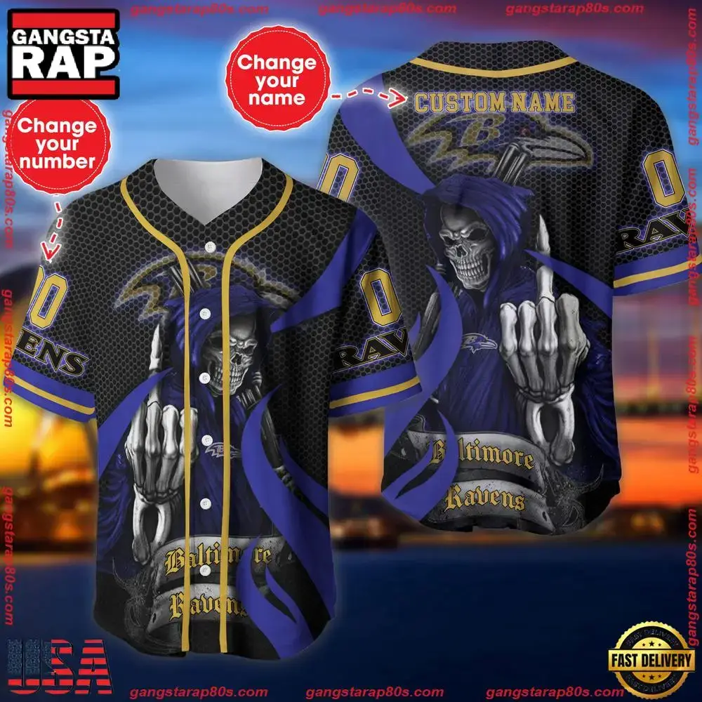NFL Custom Name Number Baltimore Ravens Skull Death Baseball Jersey Shirt Image