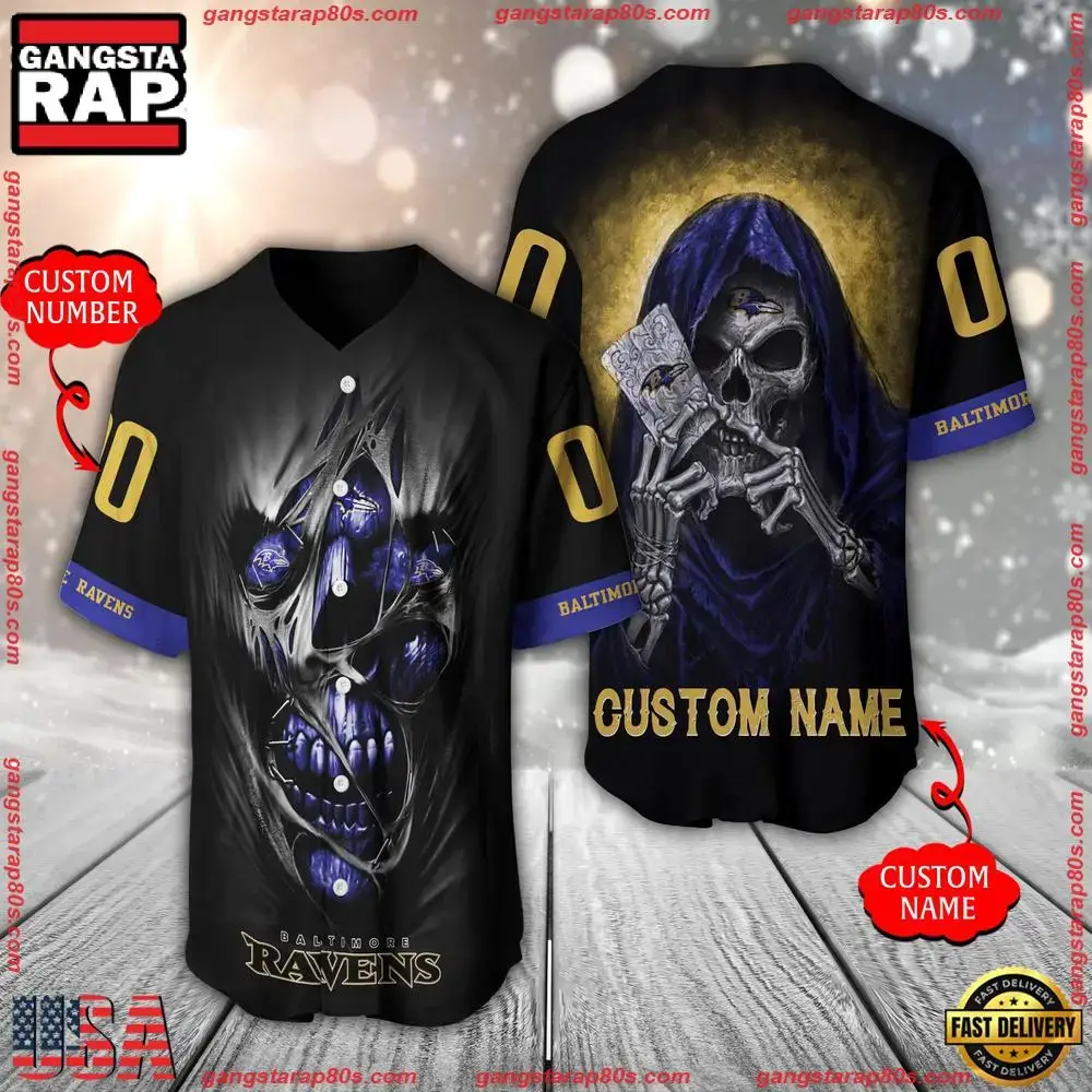 NFL Custom Name Number Baltimore Ravens Team Skull Death Baseball Jersey Shirt Image