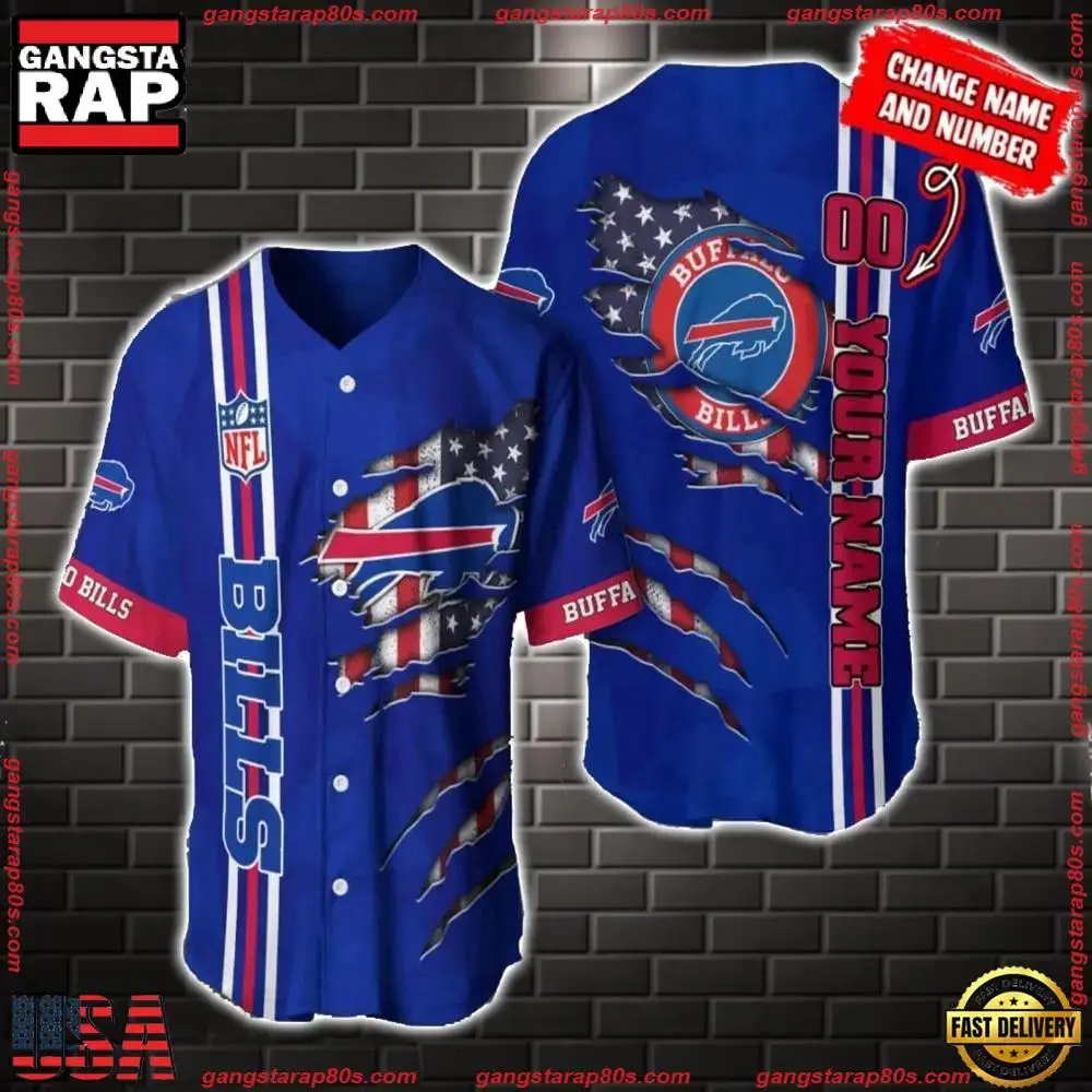 NFL Custom Name Number Buffalo Bills America Flag New Design Baseball Jersey Shirt Gift For Fans Image