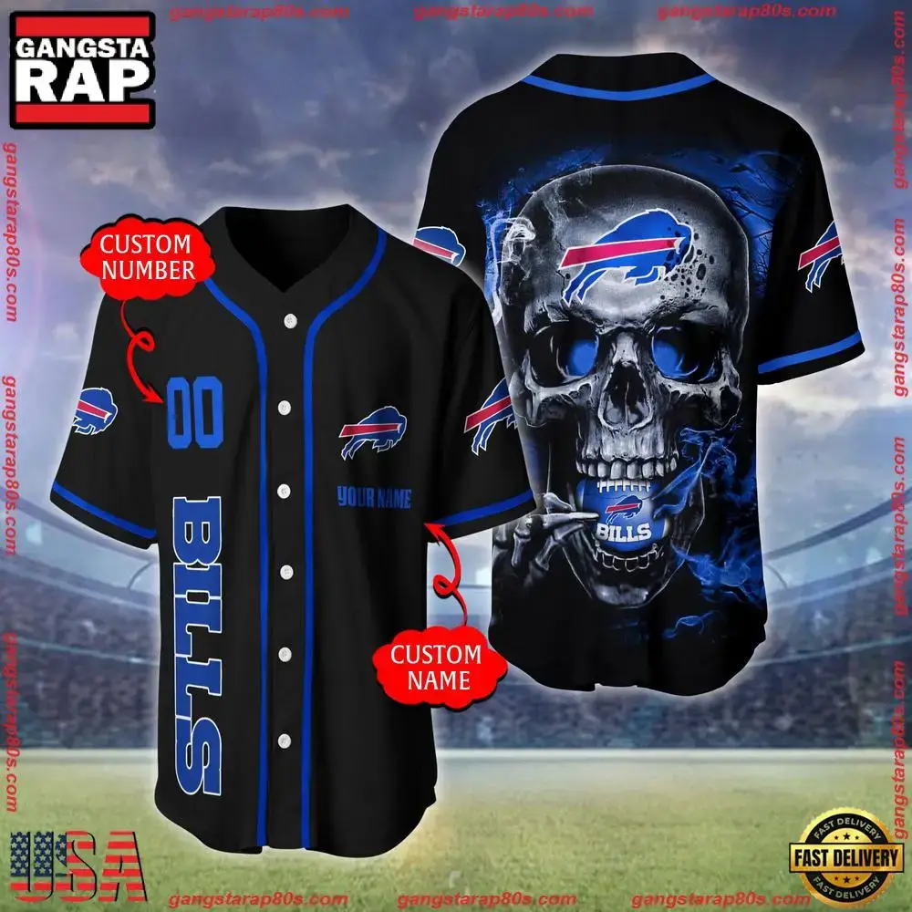 NFL Custom Name Number Buffalo Bills Skull Face Baseball Jersey Shirt Image