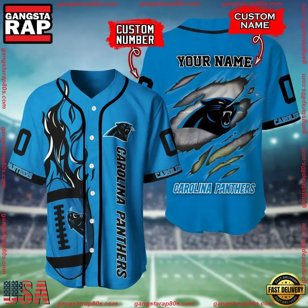 NFL Custom Name Number Carolina Panthers Football Team Baseball Jersey Shirt Image
