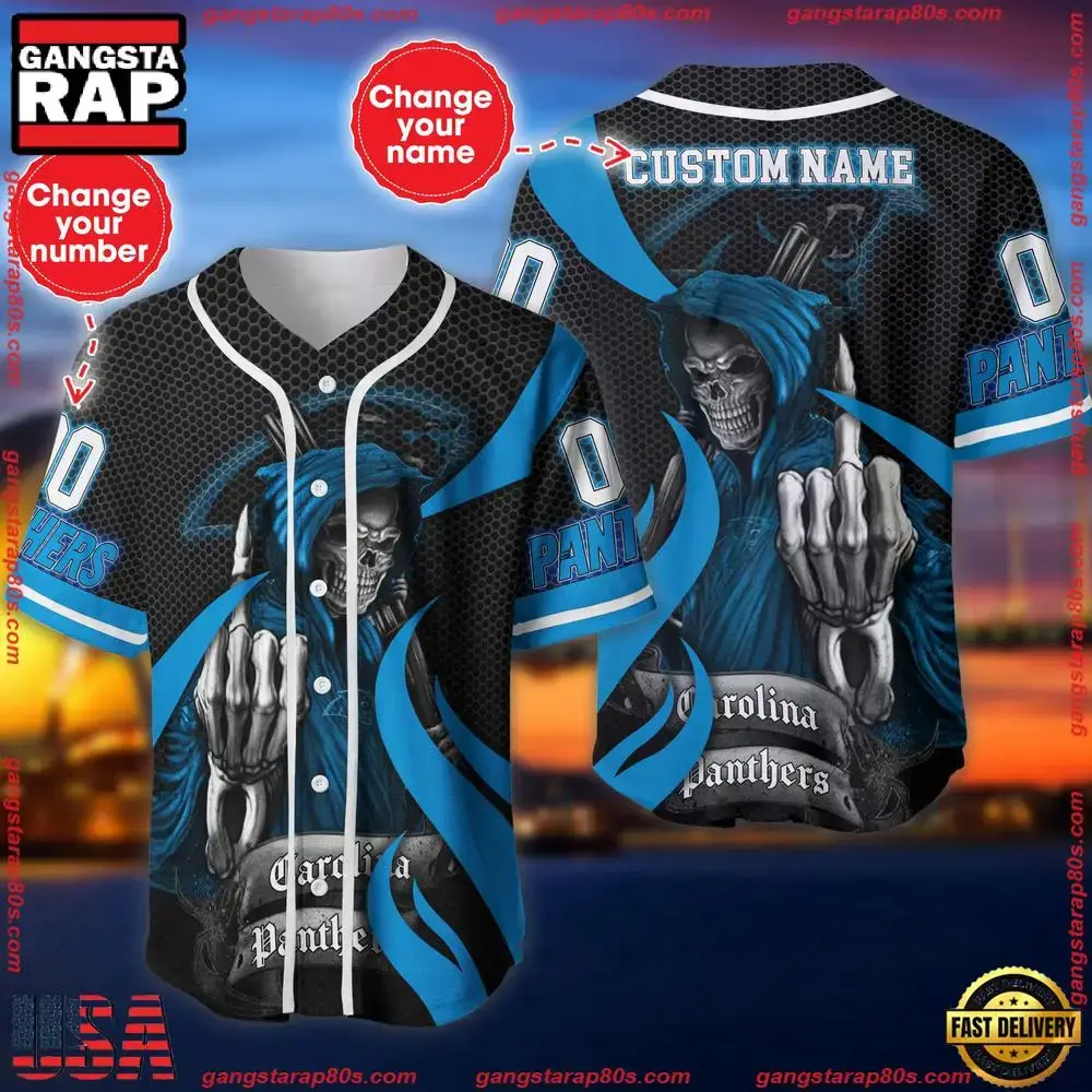 NFL Custom Name Number Carolina Panthers Skull Death Baseball Jersey Shirt Image
