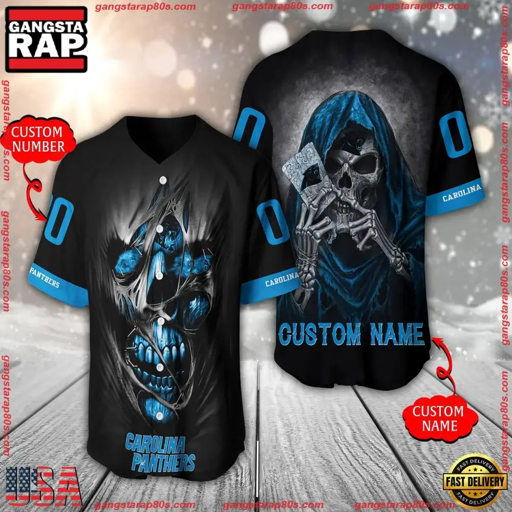NFL Custom Name Number Carolina Panthers Team Skull Death Baseball Jersey Shirt Image