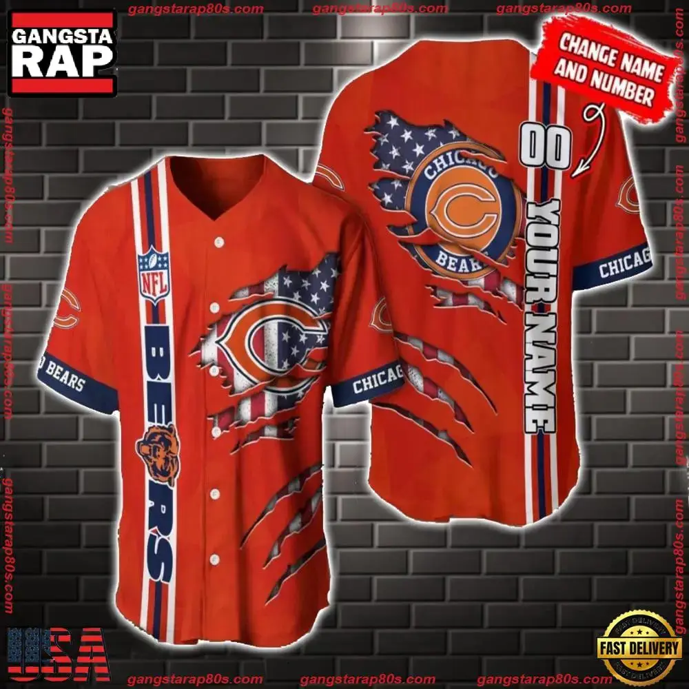 NFL Custom Name Number Chicago Bears America Flag New Design Baseball Jersey Shirt Gift For Fans Image