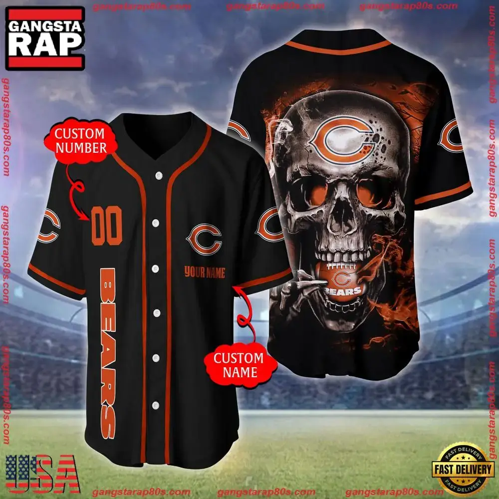 NFL Custom Name Number Chicago Bears Skull Face Baseball Jersey Shirt Image