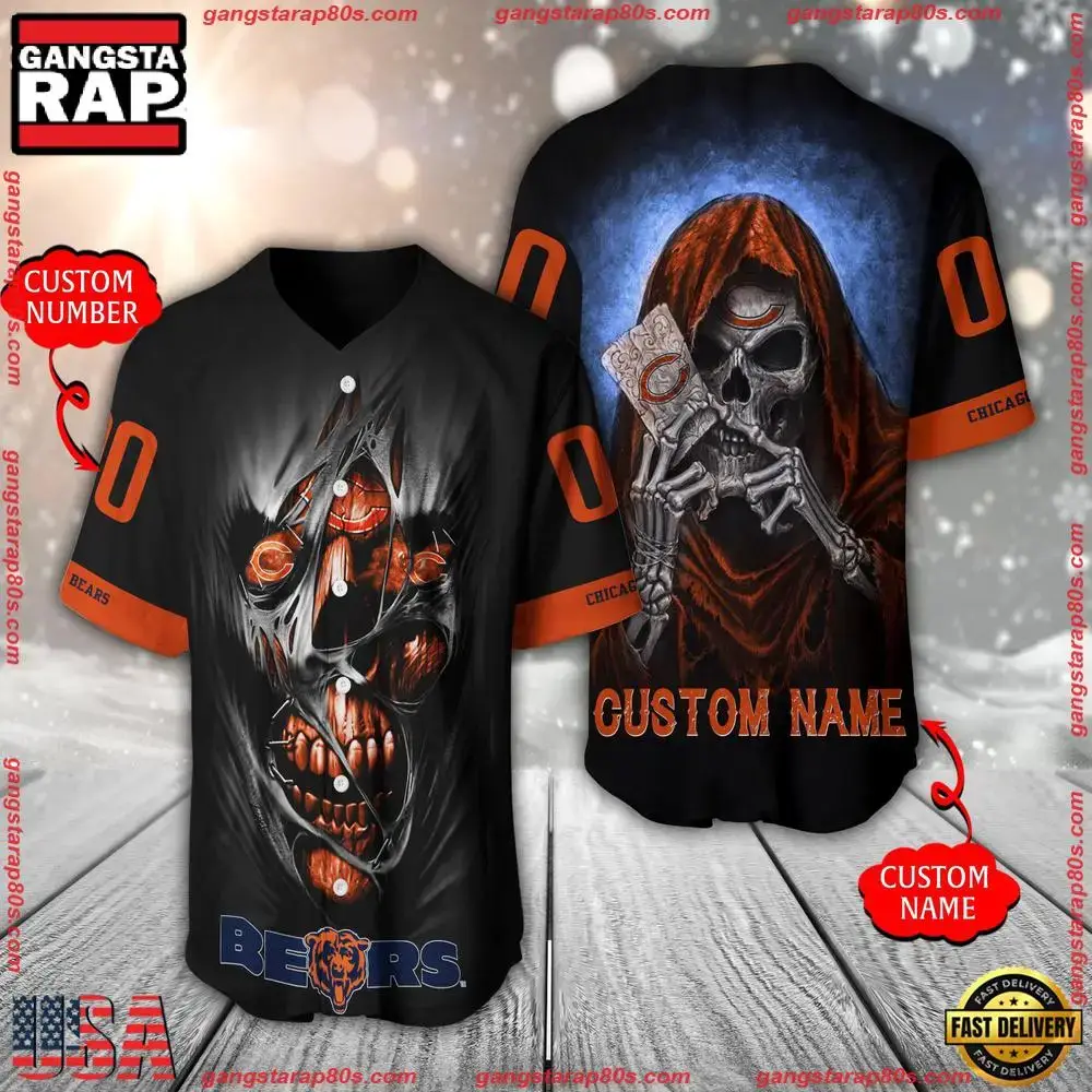 NFL Custom Name Number Chicago Bears Team Skull Death Baseball Jersey Shirt Image