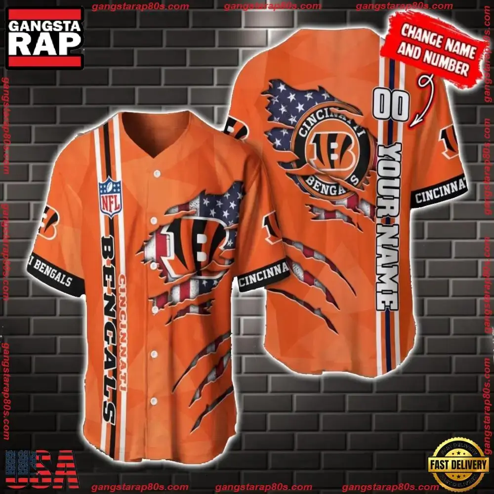 NFL Custom Name Number Cincinnati Bengals America Flag New Design Baseball Jersey Shirt Gift For Fans Image