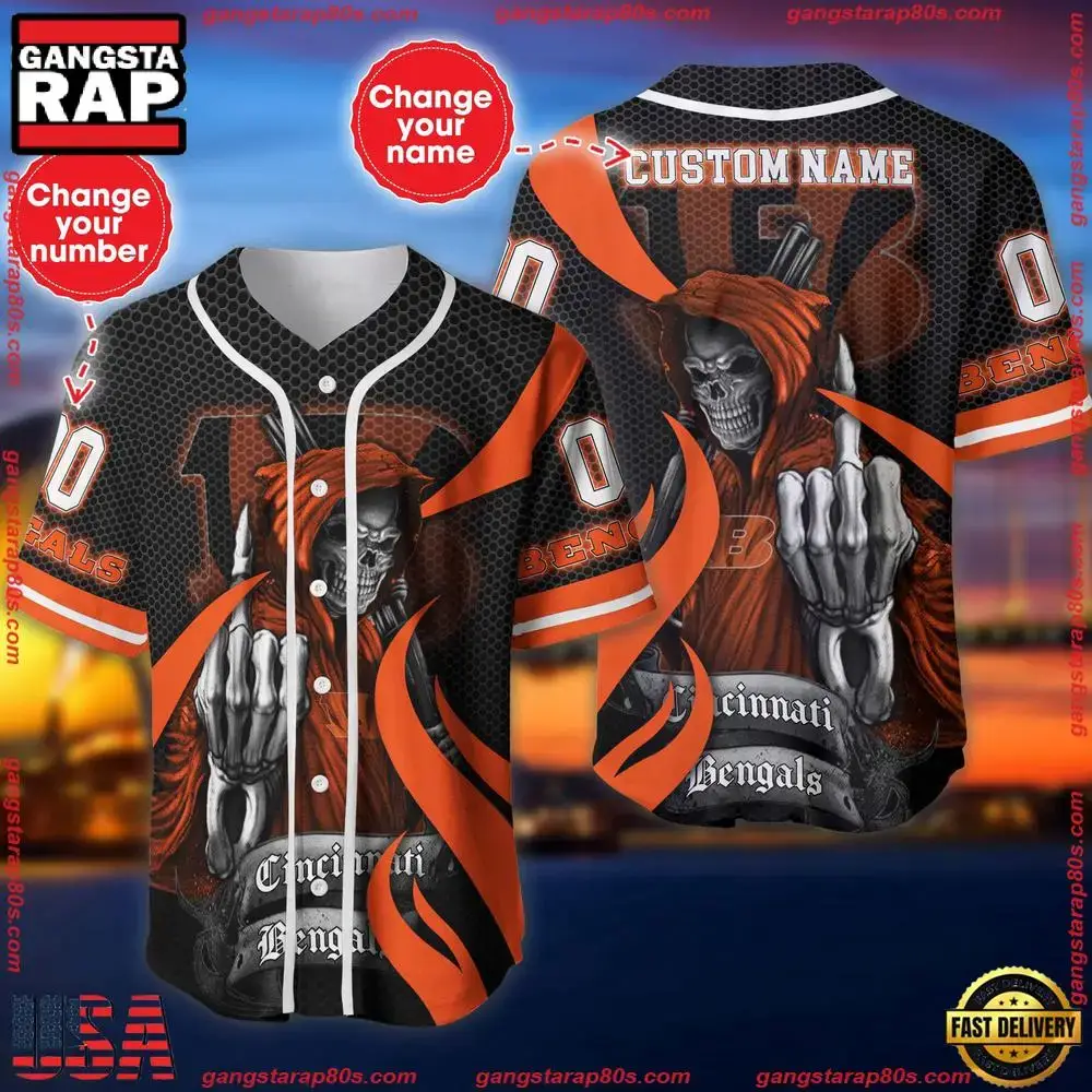 NFL Custom Name Number Cincinnati Bengals Skull Death Baseball Jersey Shirt Image