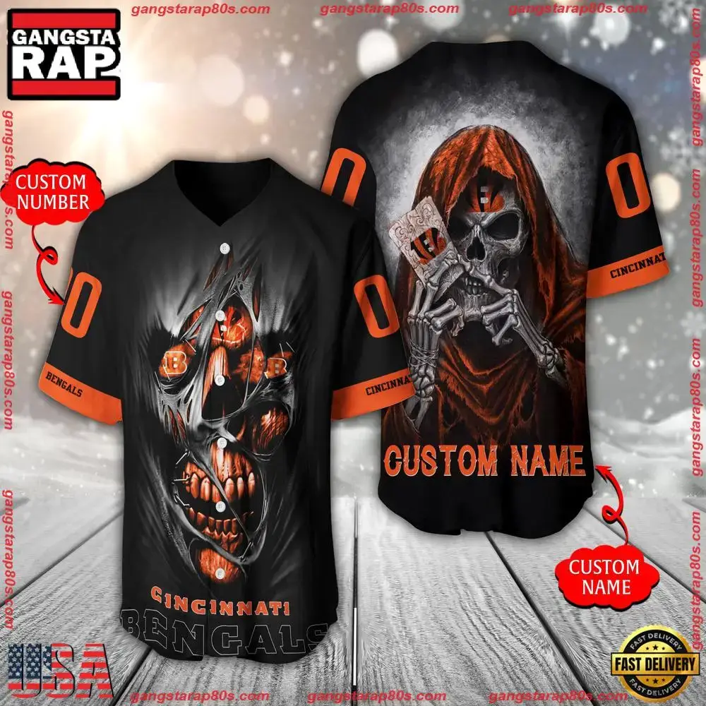 NFL Custom Name Number Cincinnati Bengals Team Skull Death Baseball Jersey Shirt Image