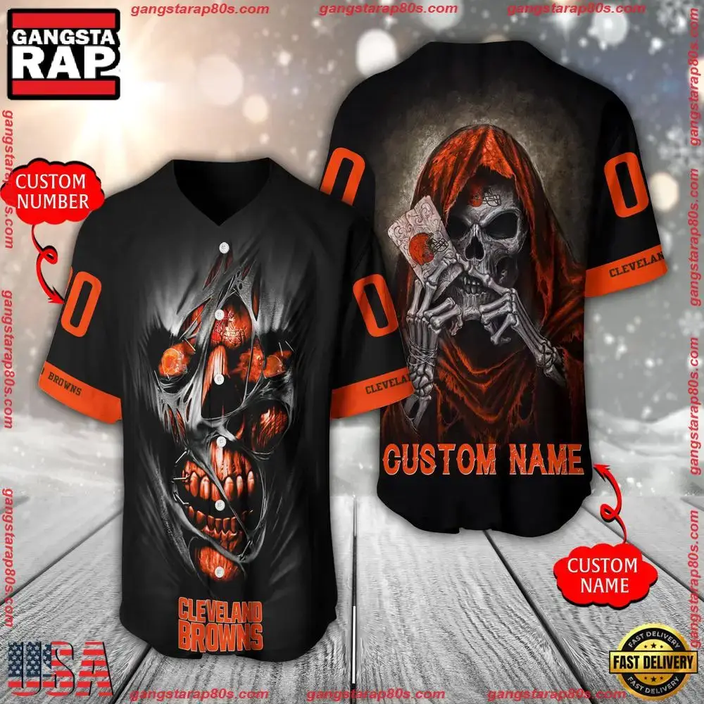 NFL Custom Name Number Cleveland Browns Team Skull Death Baseball Jersey Shirt Image