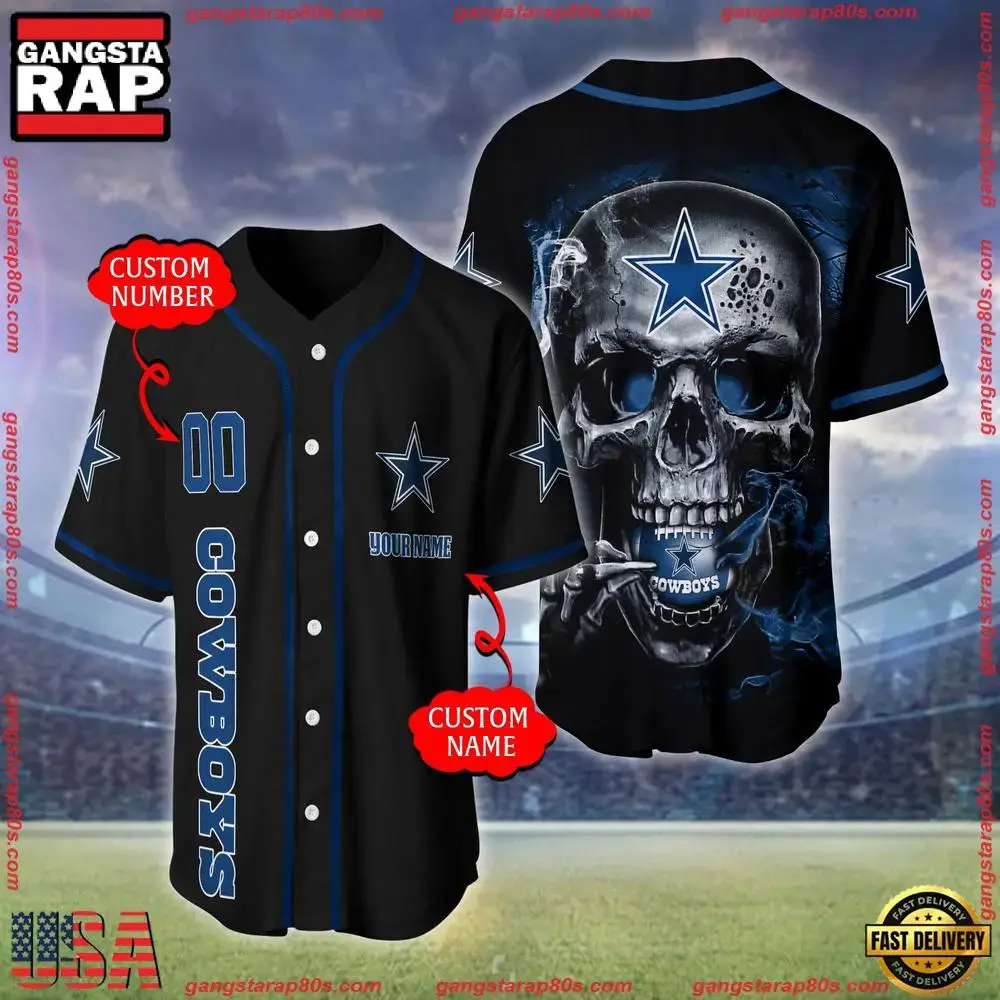 NFL Custom Name Number Dallas Cowboys Skull Face Baseball Jersey Shirt Image