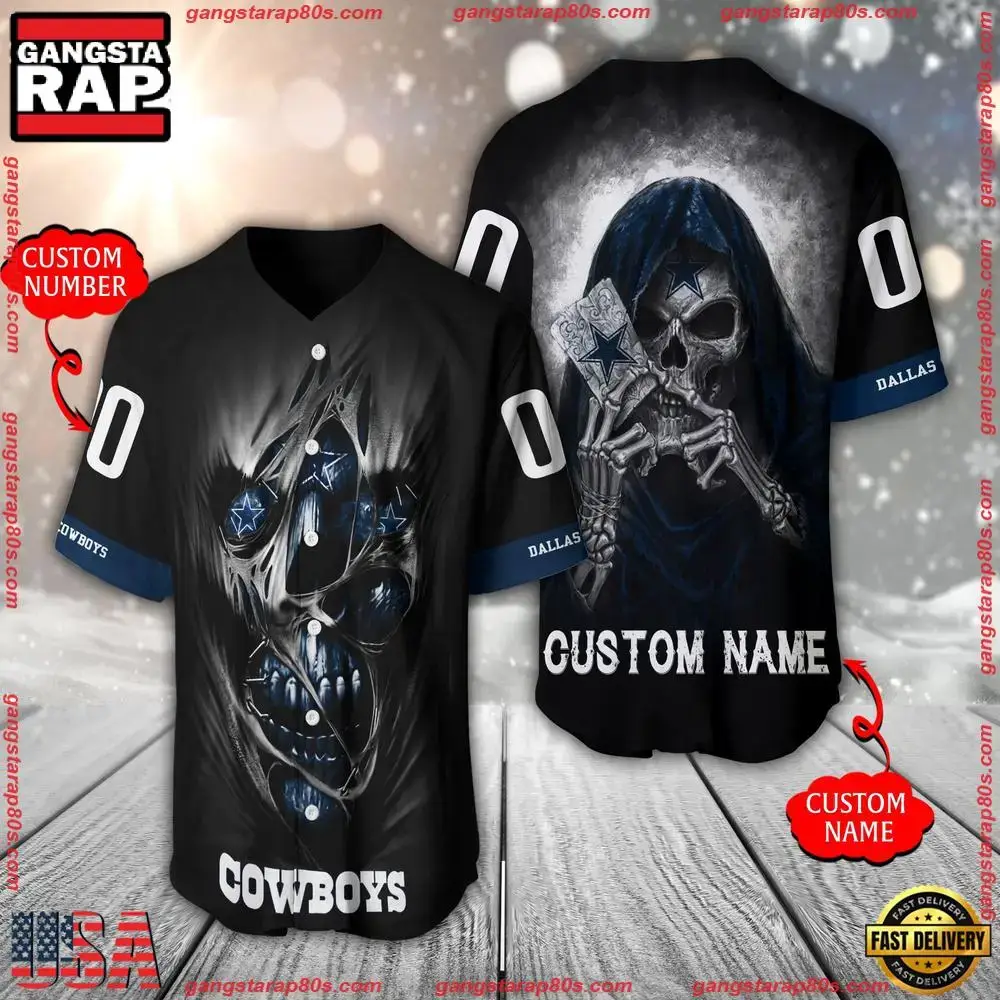 NFL Custom Name Number Dallas Cowboys Team Skull Death Baseball Jersey Shirt Image
