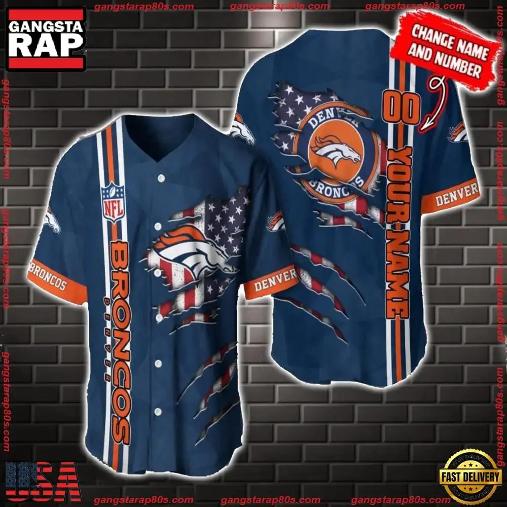 NFL Custom Name Number Denver Broncos America Flag New Design Baseball Jersey Shirt Gift For Fans Image