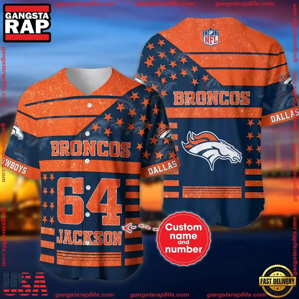NFL Custom Name Number Denver Broncos American Flag New Design Baseball Jersey Shirt Image