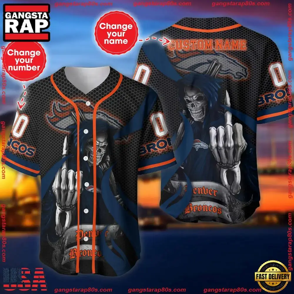 NFL Custom Name Number Denver Broncos Skull Death Baseball Jersey Shirt Image