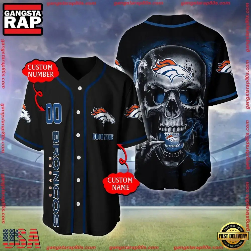 NFL Custom Name Number Denver Broncos Skull Face Baseball Jersey Shirt Image