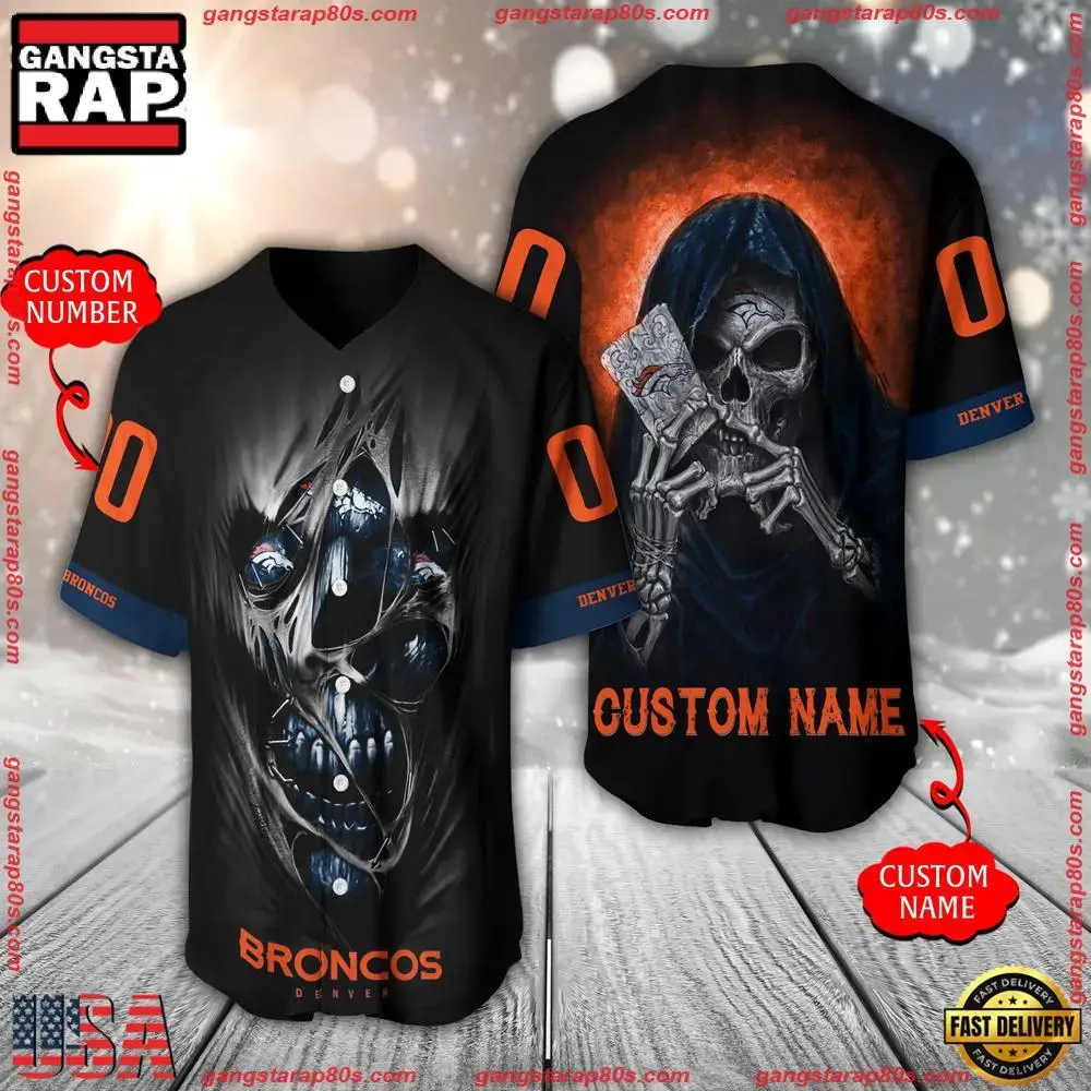 NFL Custom Name Number Denver Broncos Team Skull Death Baseball Jersey Shirt Image
