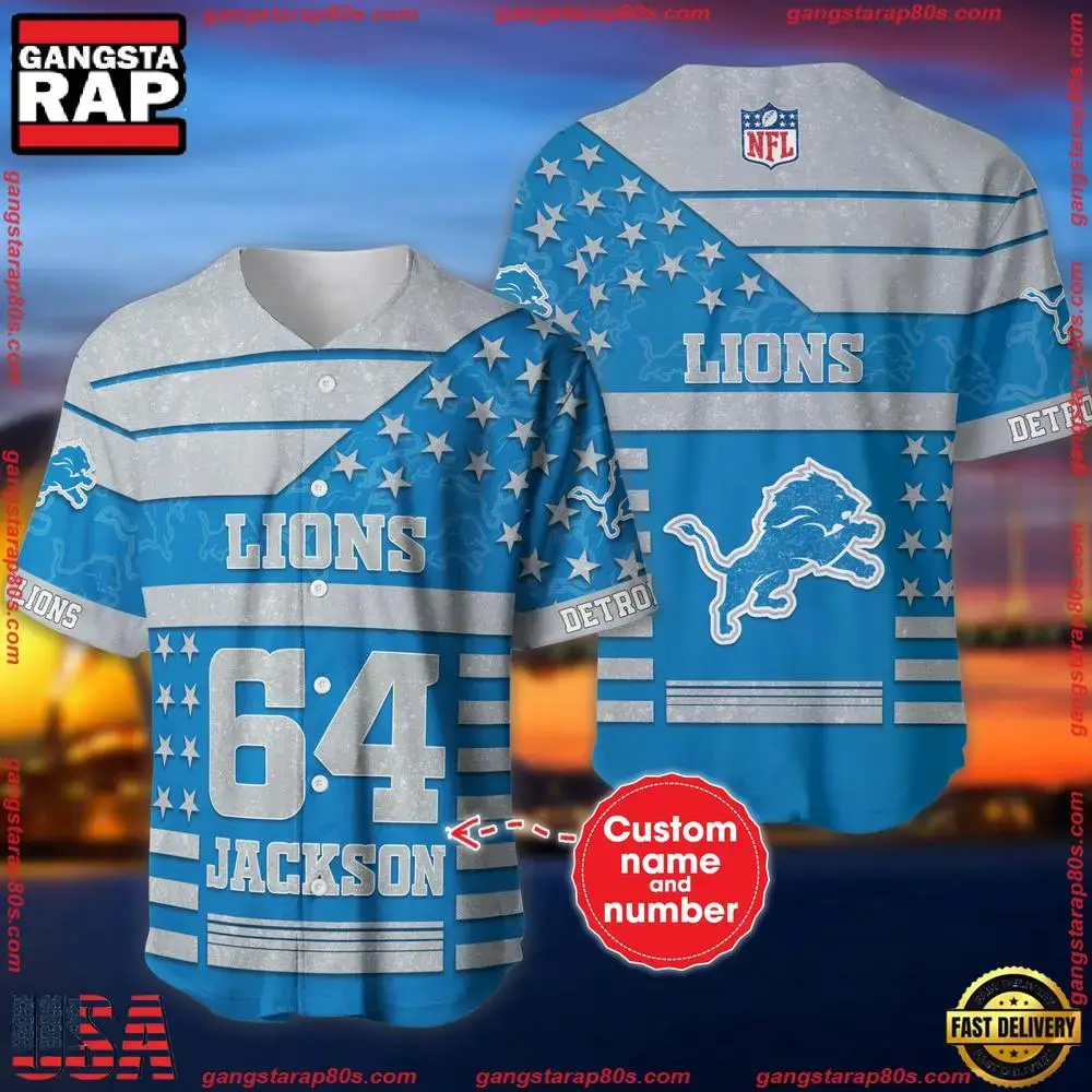NFL Custom Name Number Detroit Lions American Flag New Design Baseball Jersey Shirt Image