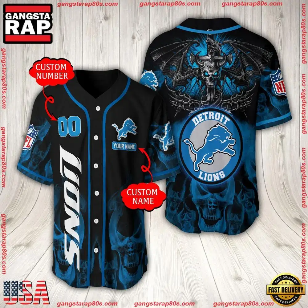 NFL Custom Name Number Detroit Lions Baseball Jersey Image