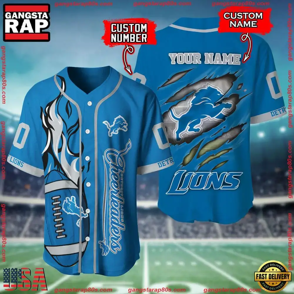 NFL Custom Name Number Detroit Lions Football Team Baseball Jersey Shirt Image