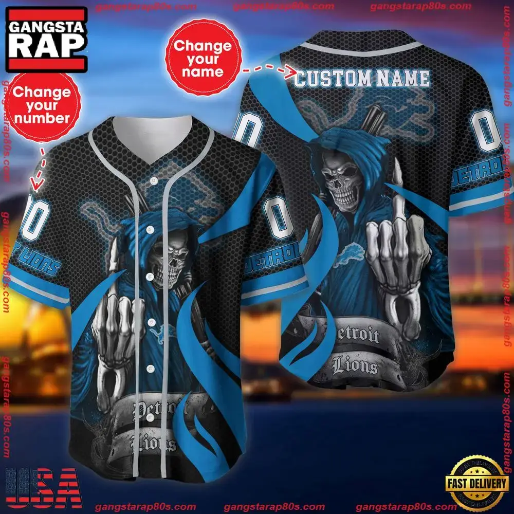 NFL Custom Name Number Detroit Lions Skull Death Baseball Jersey Shirt Image