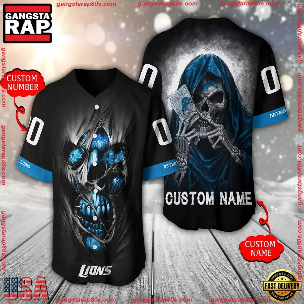 NFL Custom Name Number Detroit Lions Team Skull Death Baseball Jersey Shirt Image