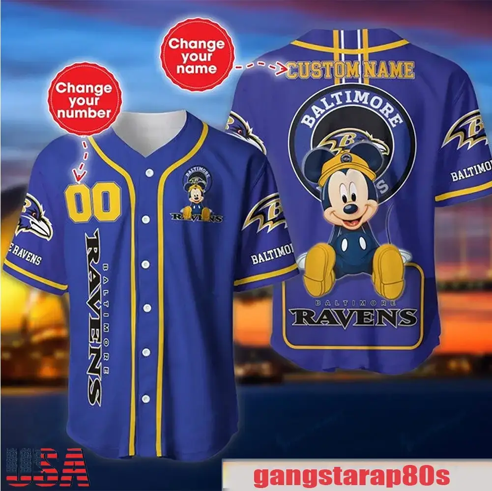 NFL Custom Name Number Disney Mickey Baltimore Ravens Baseball Jersey Shirt Image