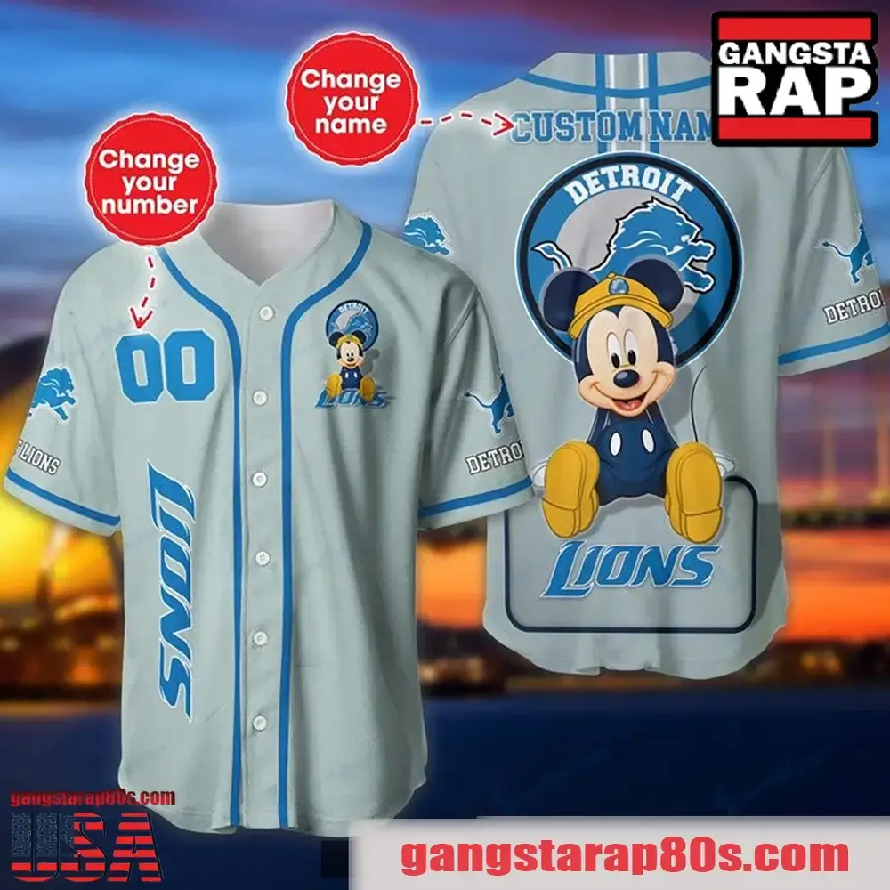 NFL Custom Name Number Disney Mickey Detroit Lions Baseball Jersey Shirt Image