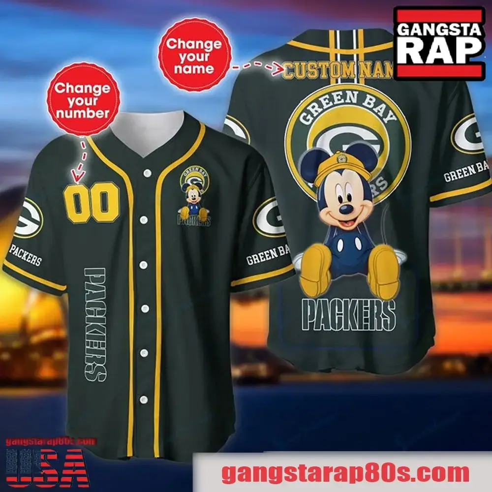 NFL Custom Name Number Disney Mickey Green Bay Packers Baseball Jersey Shirt Image