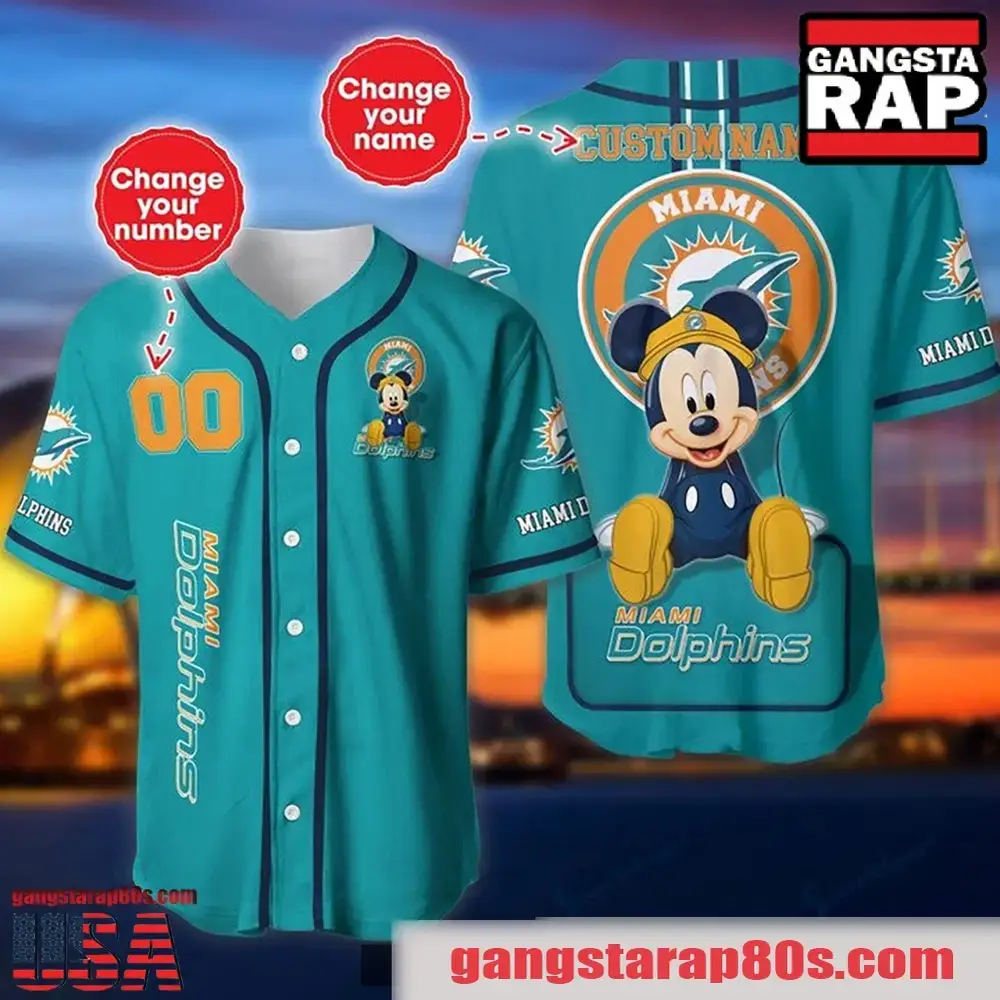 NFL Custom Name Number Disney Mickey Miami Dolphins Baseball Jersey Shirt Image